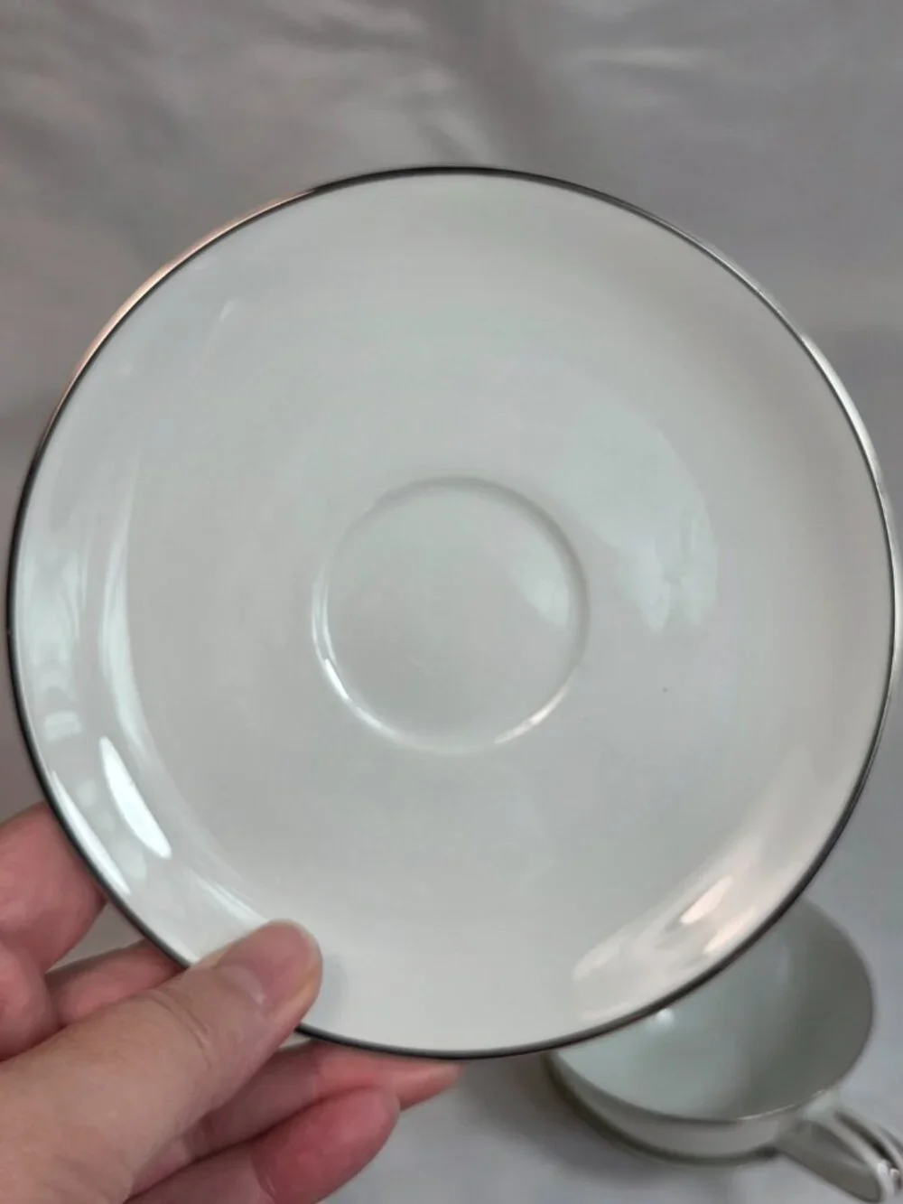 FOUR Noritake Colony Cup & Saucer Sets White Coupe Shape Platinum Trim